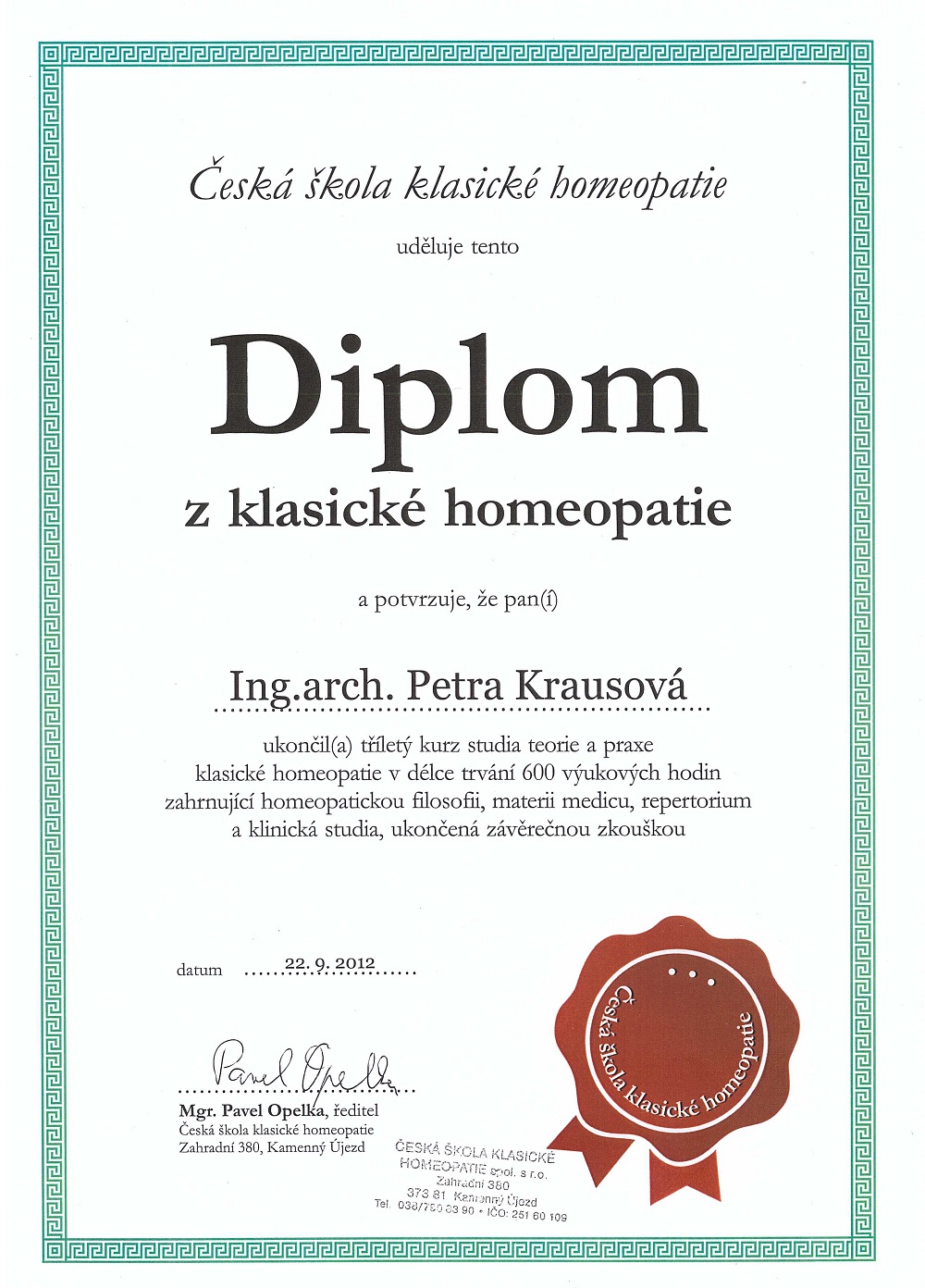 Diplom Petry Krausové z klasické homeopatie