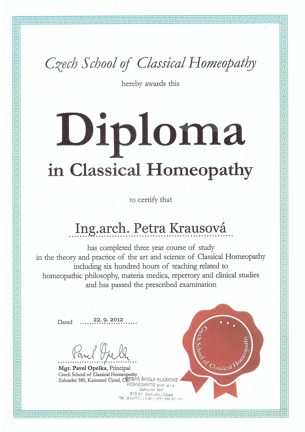 Diploma in Classical Homeopathy Petry Krausové