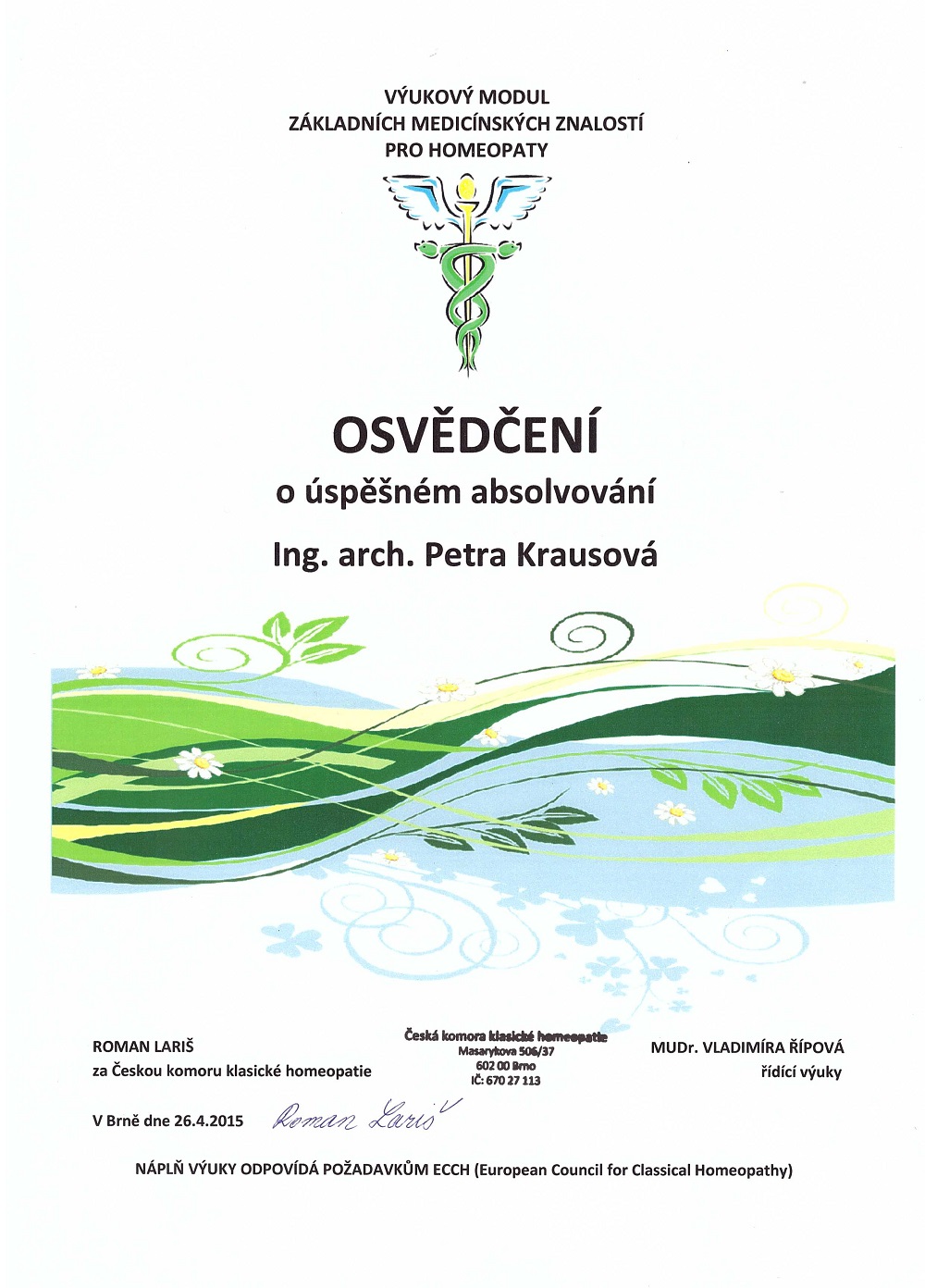 Osvědčení o absolvování základních medicínských znalostí pro homeopaty