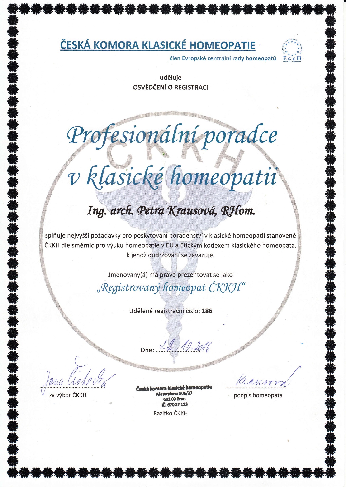 Osvědčení Petry Krausové o registraci u České komory klasické homeopatie